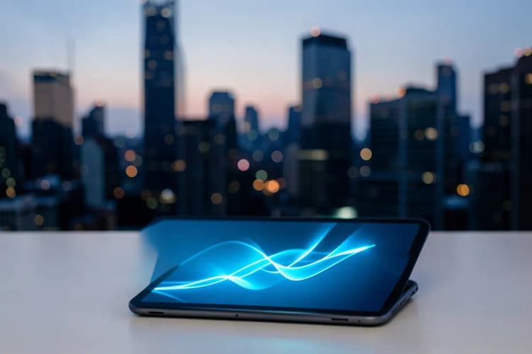 Um homem de terno olhando para um gráfico de crescimento em um tablet, com uma cidade desfocada ao fundo