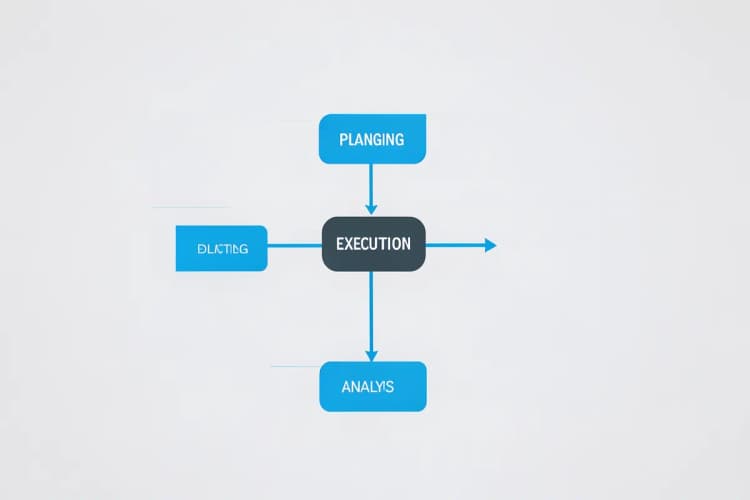 Um diagrama de fluxo mostrando o processo de marketing digital, com setas conectando diferentes etapas