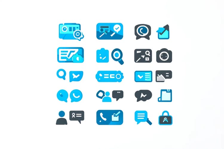 Um conjunto de ícones representando diferentes tarefas de marketing digital, como SEO, mídias sociais e anúncios pagos, dispostos em um fundo branco