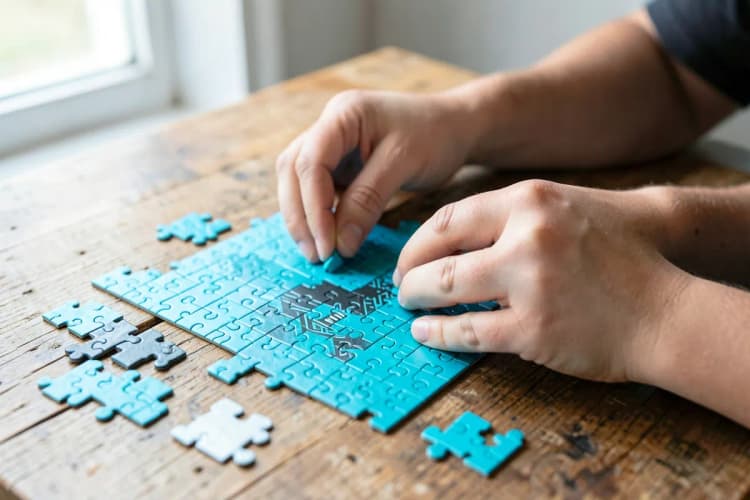 Uma pessoa montando um quebra-cabeça complexo em uma mesa de madeira, com peças espalhadas ao redor