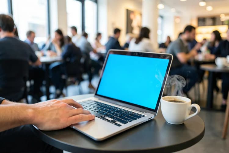 Uma pessoa trabalhando em um laptop em um café movimentado, com uma xícara de café ao lado