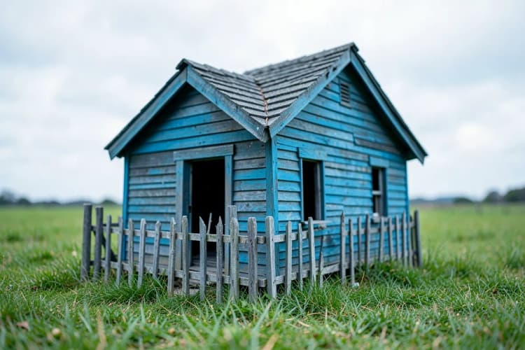 Uma casa de madeira em miniatura com uma cerca quebrada em um campo gramado sob um céu nublado.