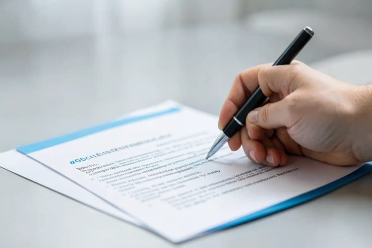 Documento de contrato sendo assinado com uma caneta, simbolizando a formalização do acordo.