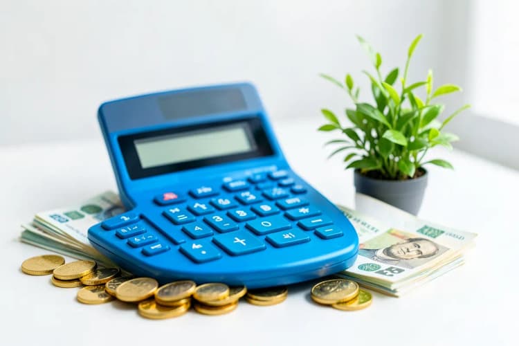 Uma calculadora sobre um monte de moedas de ouro e notas de dinheiro dobradas, com uma planta crescendo ao lado, simbolizando investimento e retorno.