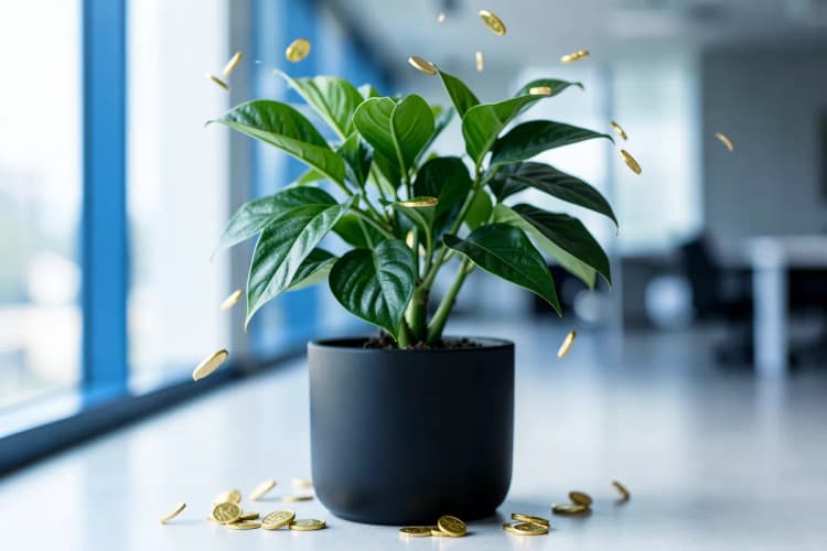 Uma planta crescendo em um vaso, com moedas de ouro caindo como chuva sobre ela, em um ambiente de escritório moderno.
