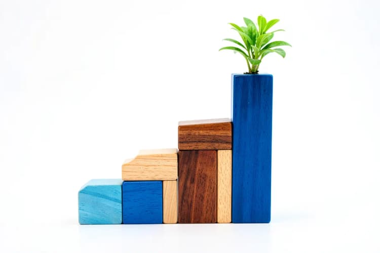Um gráfico de barras ascendente feito de blocos de madeira coloridos, com uma pequena planta verde brotando no topo da barra mais alta, em um fundo branco.