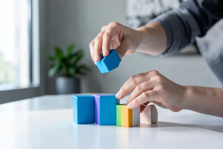 Uma pessoa organizando blocos de madeira coloridos em uma mesa, simulando a construção de uma estratégia.