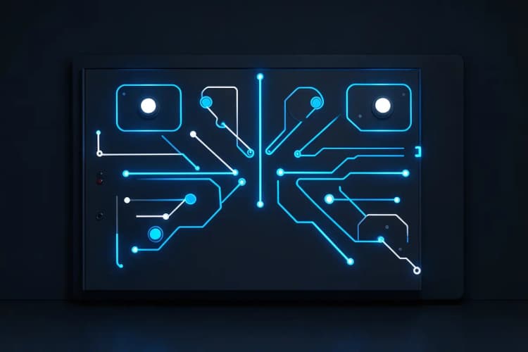 Um painel de controle abstrato com luzes e linhas de conexão em um fundo escuro, representando fluxos de dados.