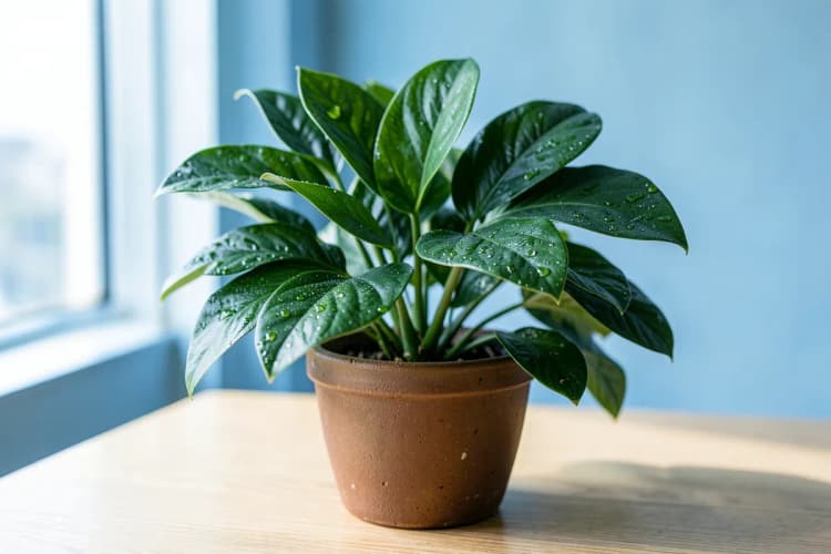 Uma planta verde crescendo em um vaso de cerâmica marrom, com gotas de água nas folhas, em uma mesa de madeira clara.
