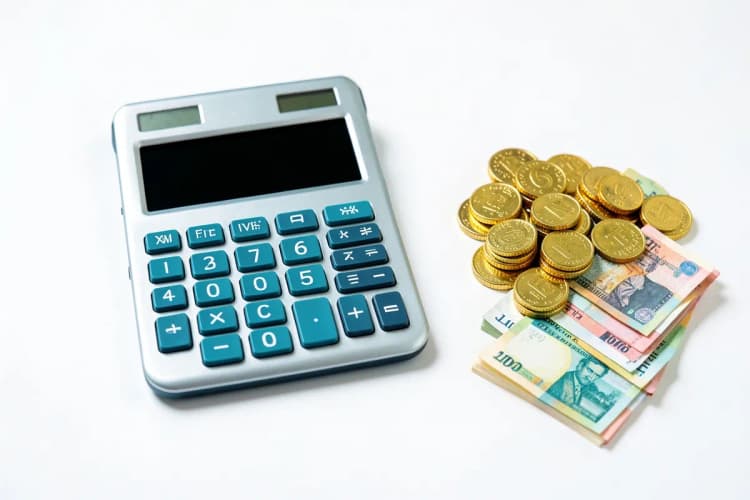 Uma calculadora ao lado de um monte de moedas de ouro e notas de dinheiro, em um fundo branco.