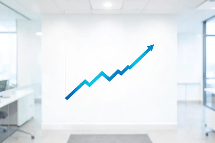 Gráfico de linha mostrando crescimento em um fundo branco, com uma seta apontando para cima.