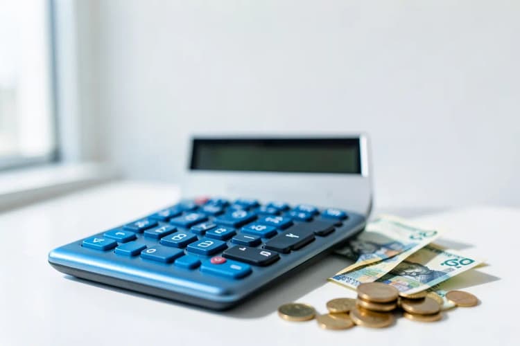 Calculadora com notas de dinheiro e moedas ao lado, representando o cálculo de ROI.