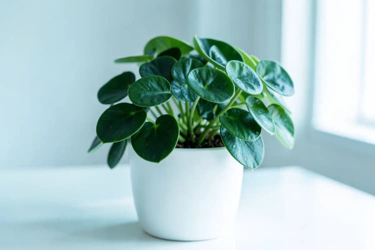 Uma planta de dinheiro (Pilea peperomioides) com folhas redondas e verdes, crescendo em um vaso de cerâmica branca sobre uma mesa.