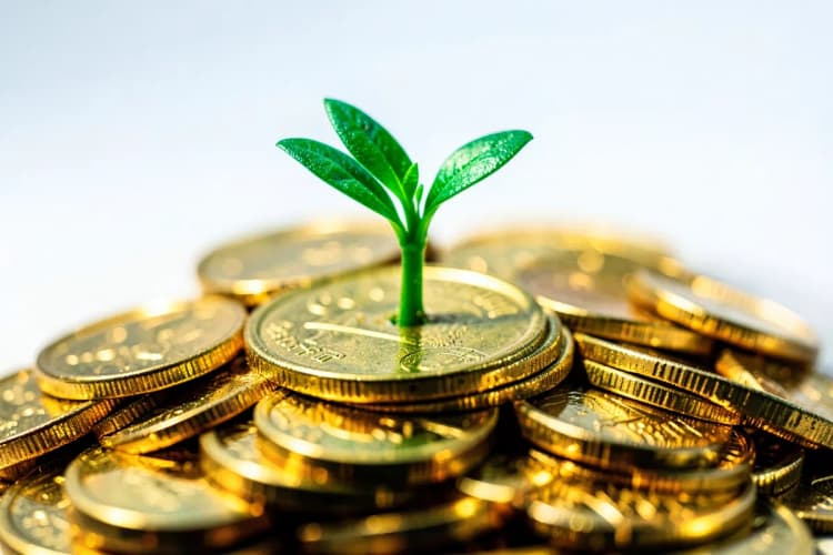 Um pequeno broto verde emergindo de um monte de moedas de ouro, simbolizando crescimento financeiro.