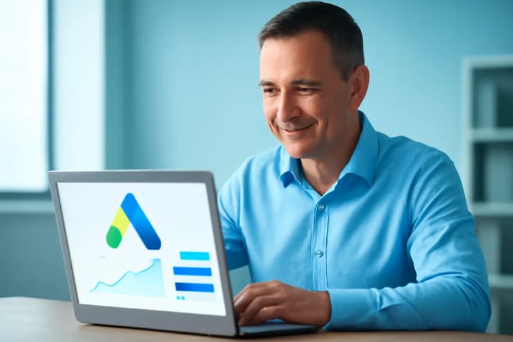 Homem de meia-idade sorrindo enquanto olha para a tela de um laptop exibindo o painel do Google Ads