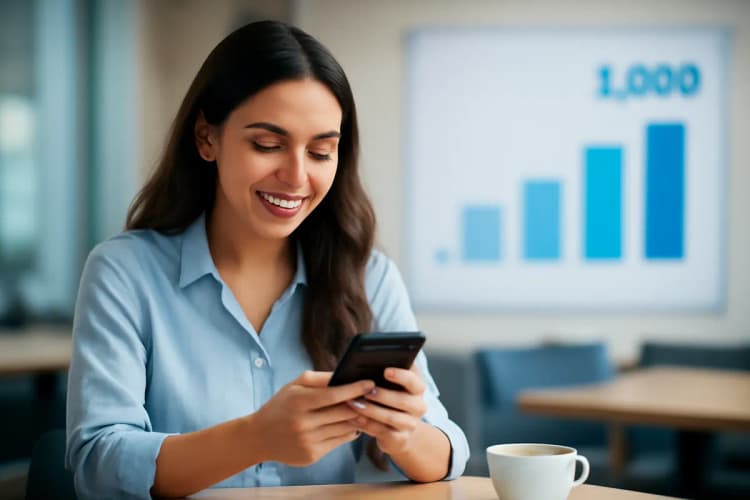 Mulher jovem em um café olhando para o celular com um sorriso, com um gráfico de alcance de 1.000 pessoas no fundo
