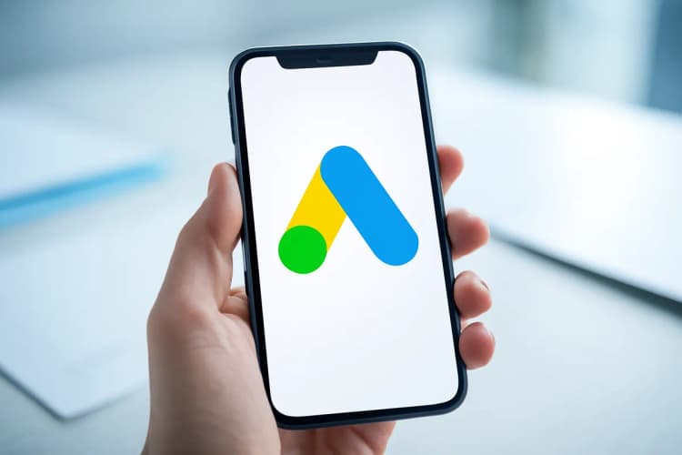 Close-up de uma mão segurando um smartphone com o ícone do Google Ads visível