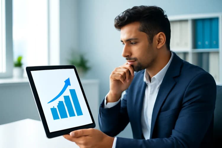 Pessoa pensativa olhando para um gráfico de desempenho do Google Ads em um tablet