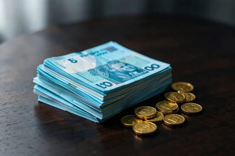 Notas de dinheiro dobradas e moedas espalhadas sobre uma superfície escura.