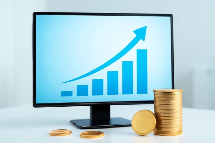 Ganhar dinheiro com tráfego pago com gráfico de crescimento e moedas