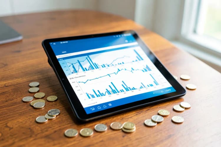 Uma pessoa analisando gráficos em um tablet, com moedas espalhadas sobre a mesa.