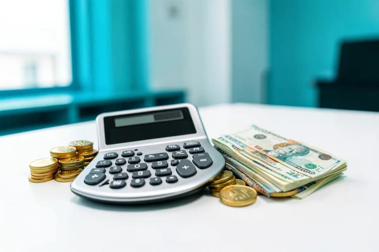 Uma calculadora ao lado de um monte de moedas de ouro e notas de dinheiro.