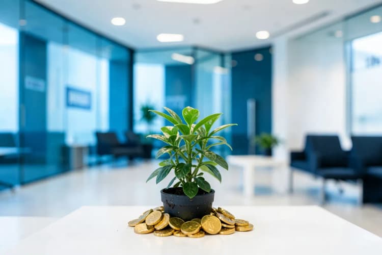 Uma planta crescendo em um vaso com moedas de ouro ao redor da base.