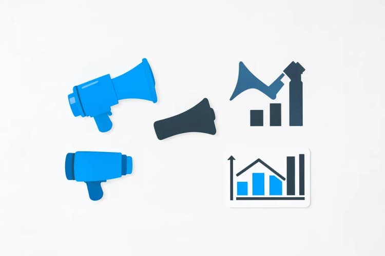 Uma coleção de ícones representando diferentes ferramentas de marketing digital, como megafones e gráficos.