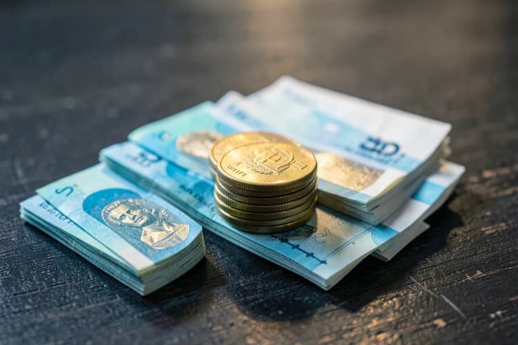 Uma pilha de moedas de ouro e notas de dinheiro em cima de uma mesa de madeira escura.