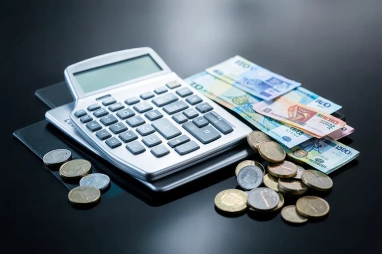 Uma calculadora ao lado de um monte de notas de dinheiro e moedas.